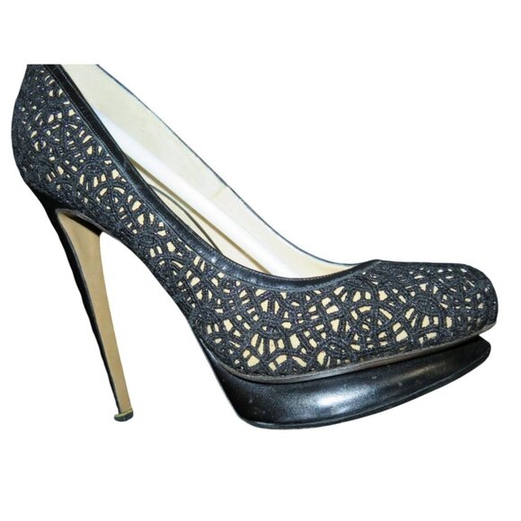 Nicholas Kirkwood Laser Cut Black Italian Leather Platform Stiletto Pumps 37 - Picture 10 of 15